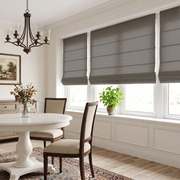 Heavy Natural Roman Shade in a Classic Dining Room with White Wainscoting 