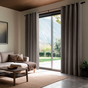 Natural Heavy Weight Linen Grommet Curtains for Sliding Door in a Contemporary Living Room with Wood Ceiling, Mountain View and Neutral Seating - Blackout Lining
@Heading: Grommets