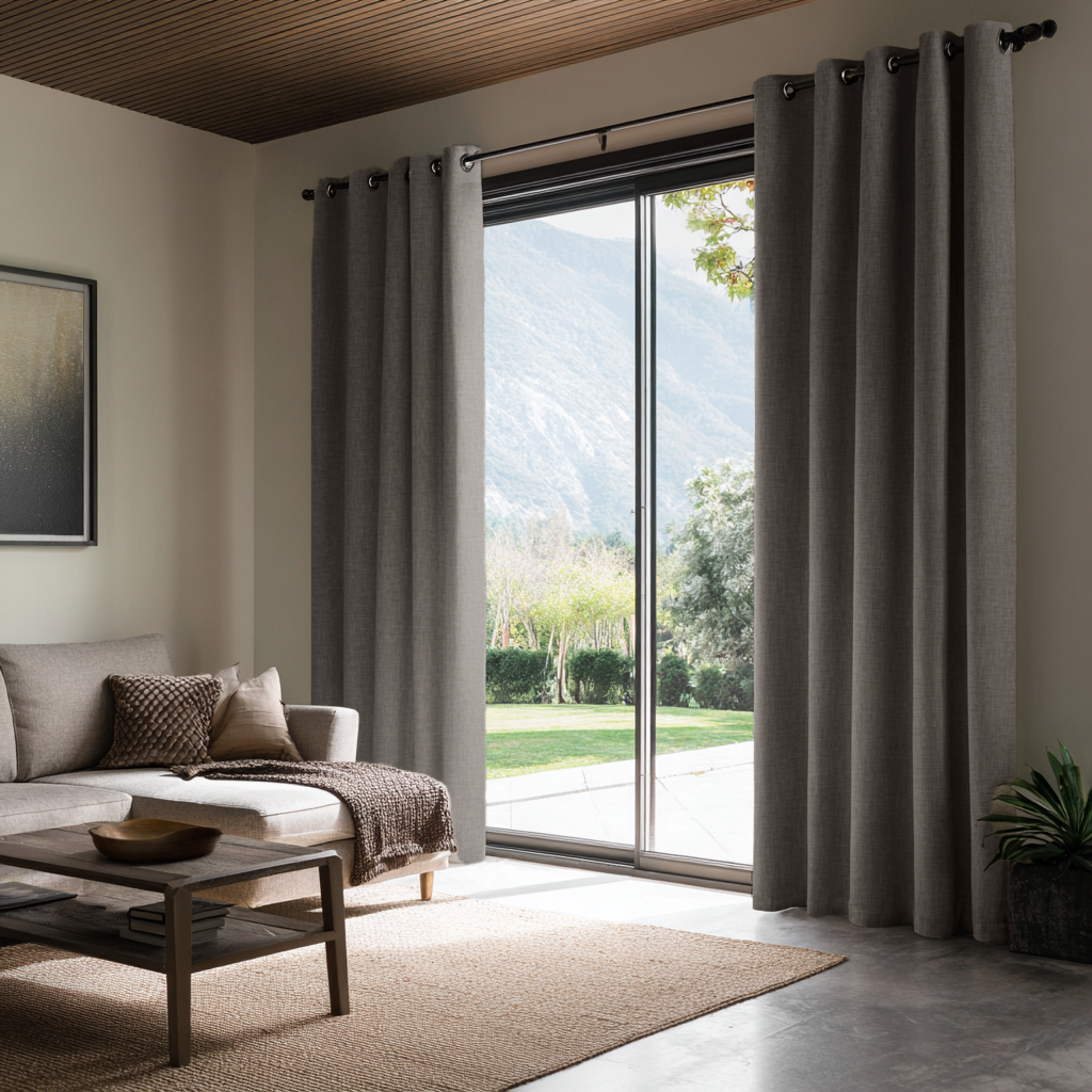 Natural Heavy Weight Linen Grommet Curtains for Sliding Door in a Contemporary Living Room with Wood Ceiling, Mountain View and Neutral Seating - Blackout Lining
@Heading: Grommets