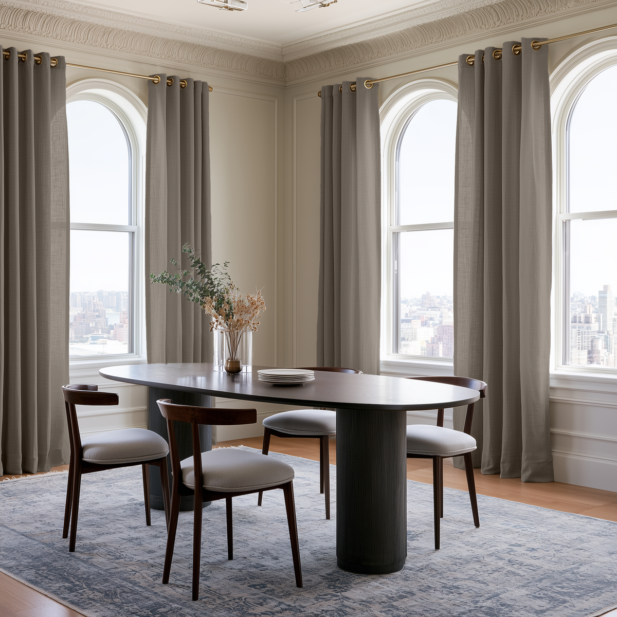 Natural Heavy Weight Linen Grommet Curtains in an Elegant Contemporary Dining Room with Arched Windows and City Views
