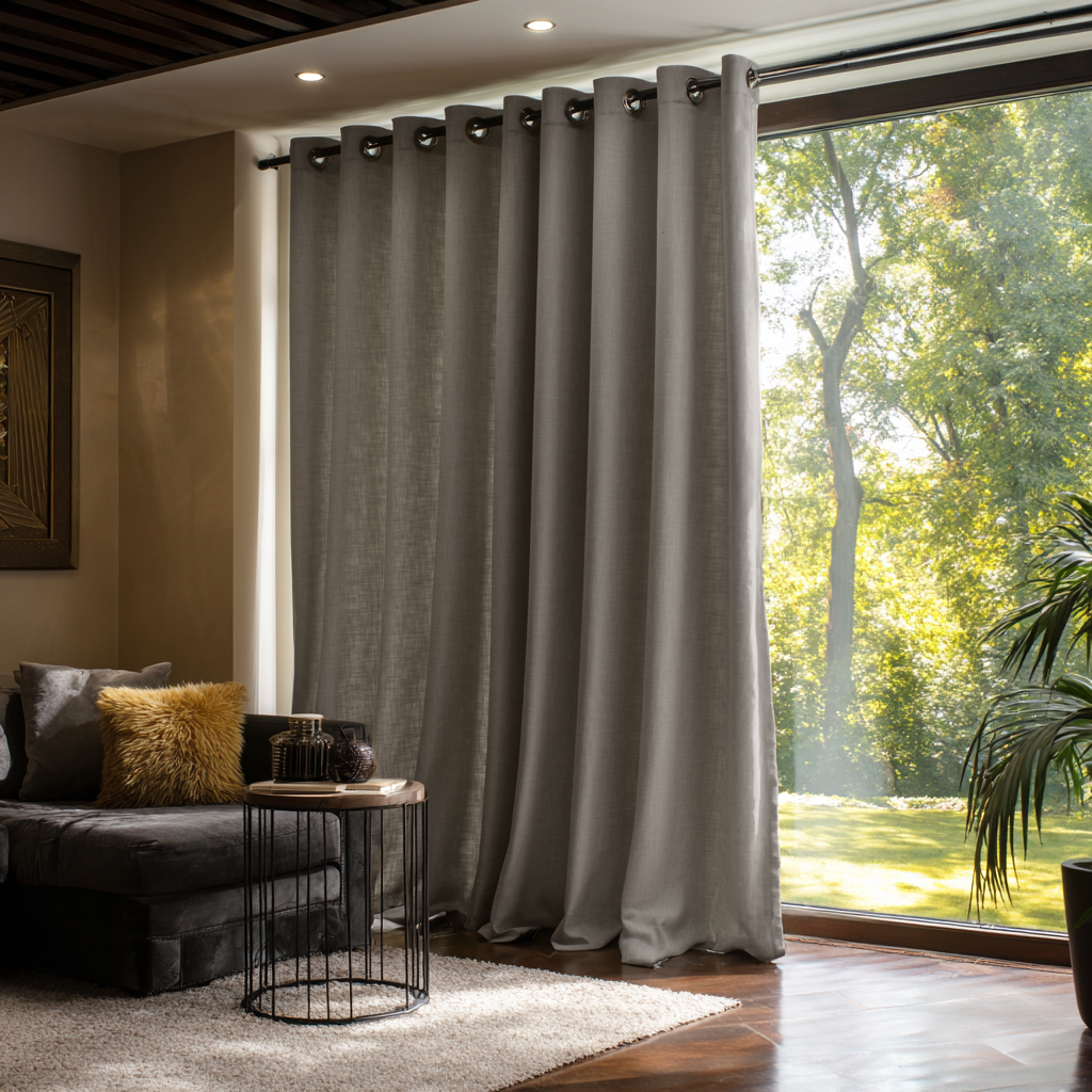 Natural Heavy Weight Linen Grommet Extra Long Curtains in a Moody Contemporary Living Room with Dark Furniture and Large Garden Windows