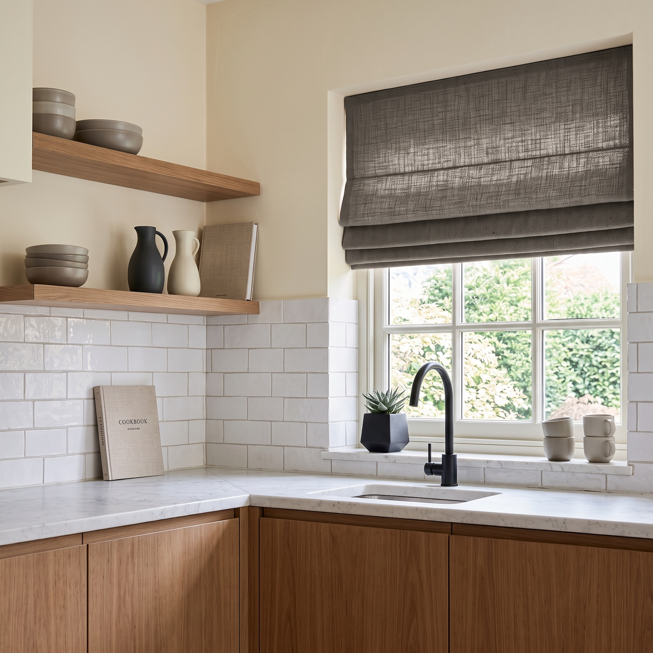 Natural Heavy Weight Linen Roman Shades in a Modern Kitchen with Light Wood Cabinetry - Cotton Lining