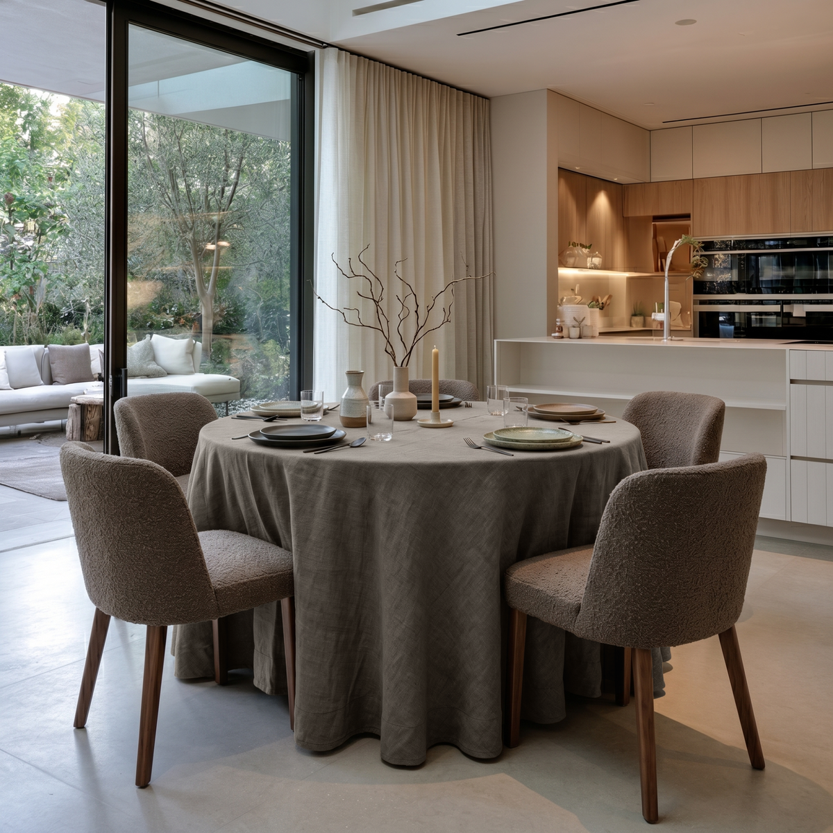 Natural Heavy Weight Linen Round Tablecloth in a Modern Kitchen with Light Wood Cabinetry and Soft Beige Accents
