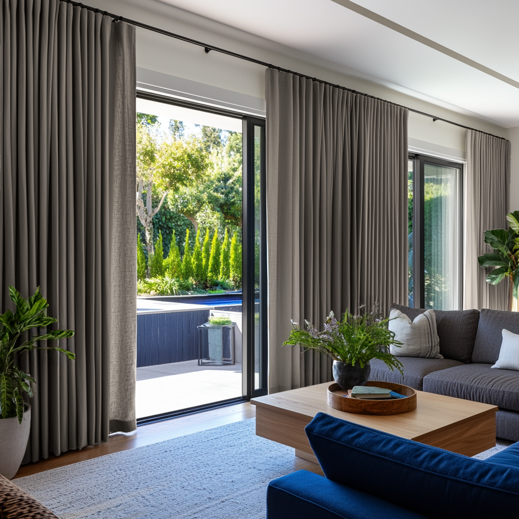 Natural Heavy Weight Linen S-Fold Curtains for Sliding Door in a Modern Living Room with Black Sliding Doors, Gray Sofa and Blue Accent Chair - Cotton Lining
@Heading: S-Fold