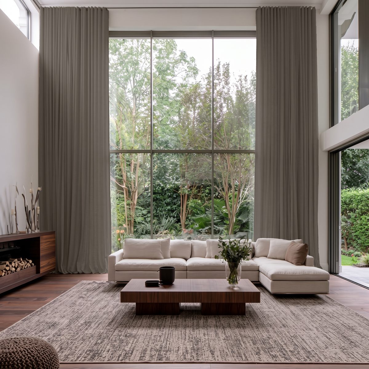 Natural Heavy Weight Linen S-Fold Extra Long Curtains in a Modern Double-Height Living Room with Floor-to-Ceiling Windows and Minimalist Furniture