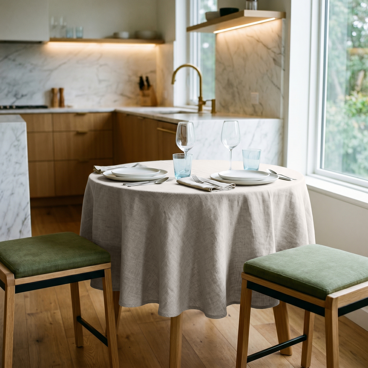 Natural Linen 42 Inch Round Tablecloth in a Bright Kitchen Dining Space with Marble Countertops and Light Wood