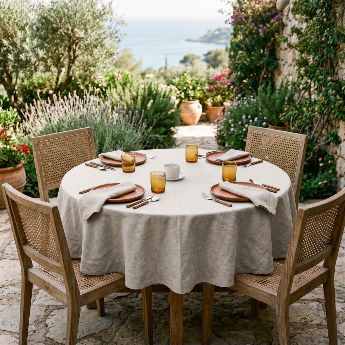 Natural Linen 60 Inch Round Tablecloth in a Mediterranean Patio Dining Space
