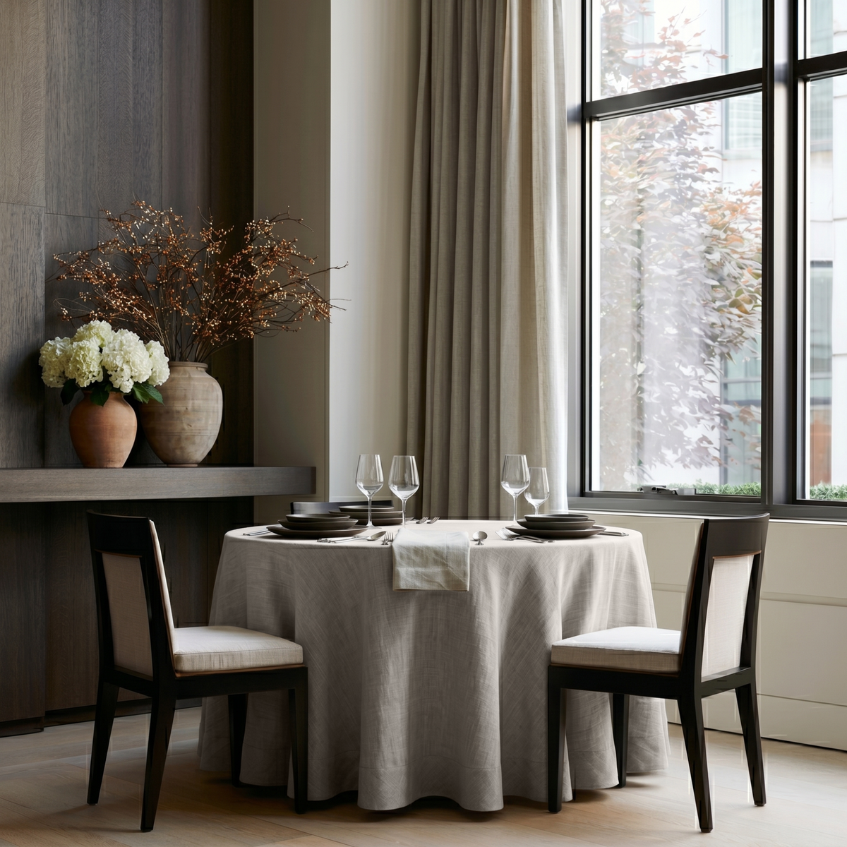 Natural Linen 90 Inch Round Tablecloth in a Modern Dining Room with Dark Wood Walls and Black Ceramics