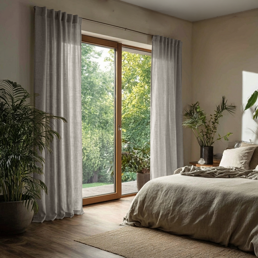 Natural Linen Back Tab Curtains for Sliding Doors in a Bedroom with Beige Walls
