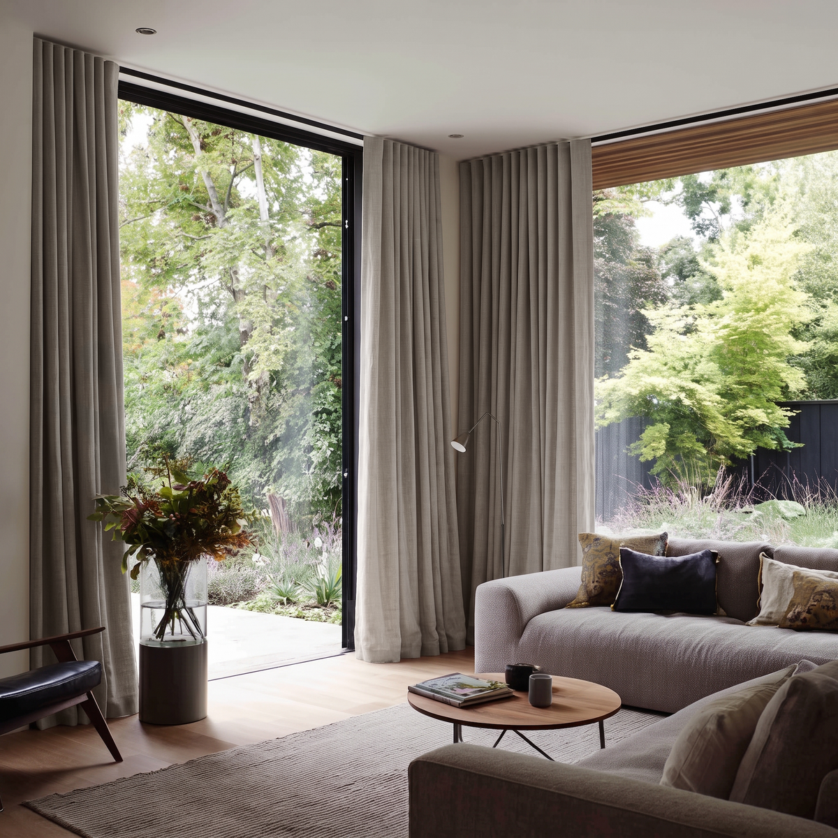 Natural Linen Back Tab Extra Long Curtains in a Contemporary Living Room with Floor-to-Ceiling Windows and Garden Views