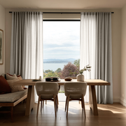 Natural Linen Back Tab Curtains in a Dining Room with light-colored walls, a Natural Wood Slab Table and Textured Seating