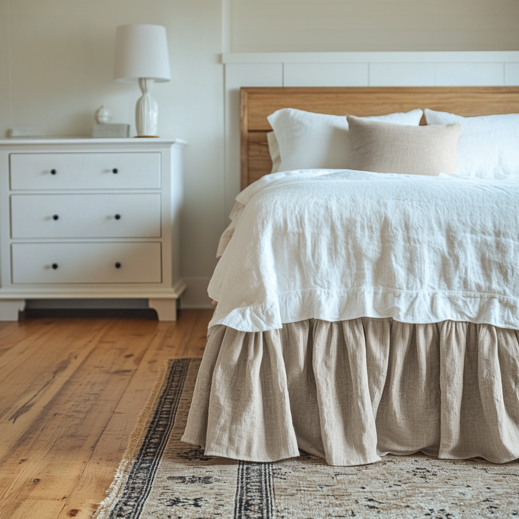Natural Linen Bed Skirt with Gathered Ruffles