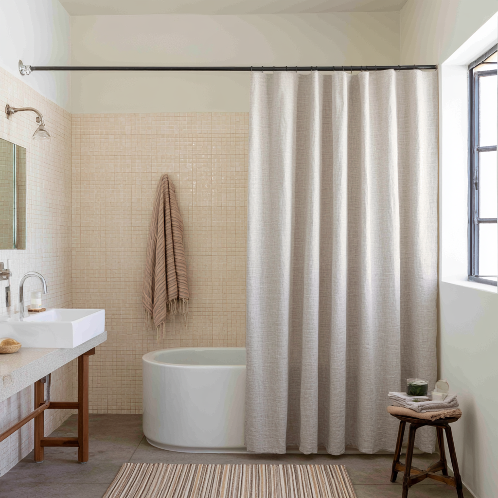 Natural Linen Button-Hole Top Shower Curtain in a Minimal Bathroom with Cream Mosaic Tiles and Black-Framed Window
