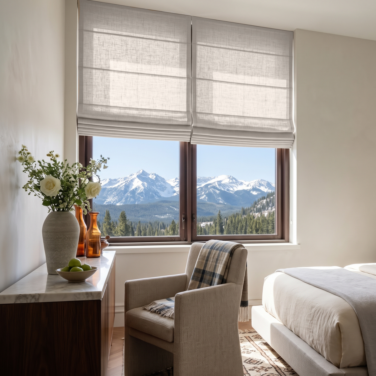 Natural Roman Shade in a Contemporary Bedroom