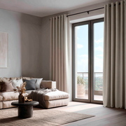 Natural Linen Grommet Curtains for Sliding Doors in a Living Room with Light Grey Walls - Blackout Lining
@Heading: Grommets