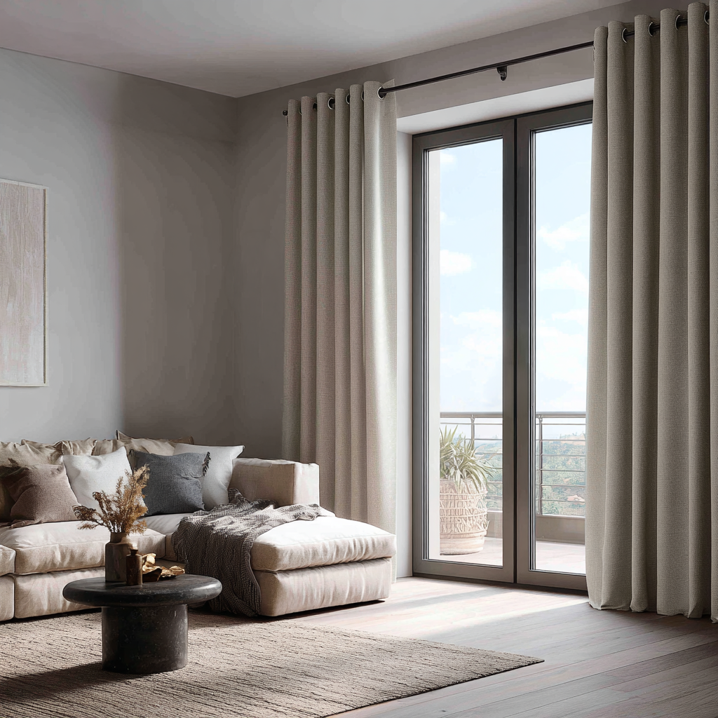Natural Linen Grommet Curtains for Sliding Doors in a Living Room with Light Grey Walls - Blackout Lining
@Heading: Grommets