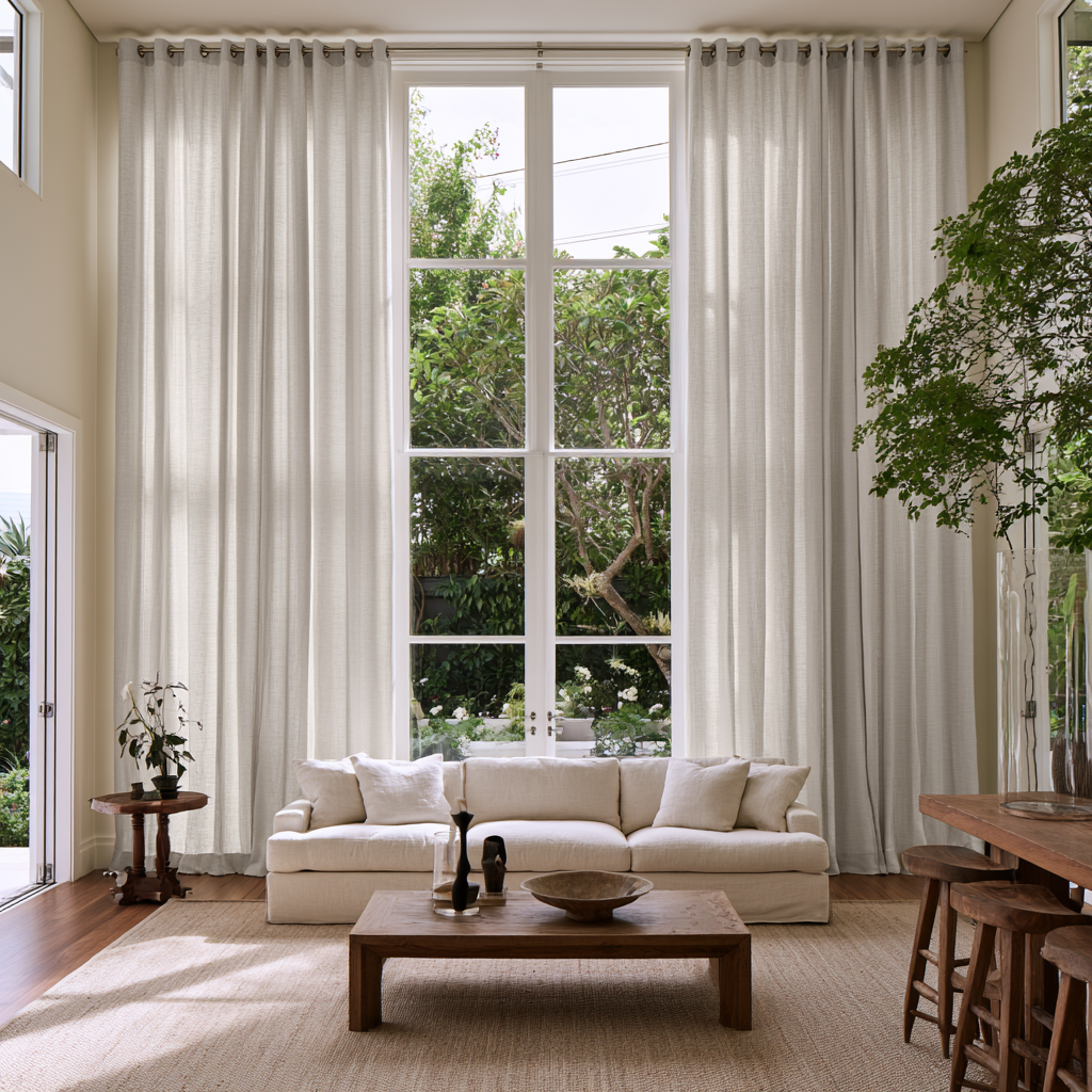 Natural Linen Grommet Extra Long Curtains in a Modern Organic Living Room with Tall Windows and Natural Wood Furniture