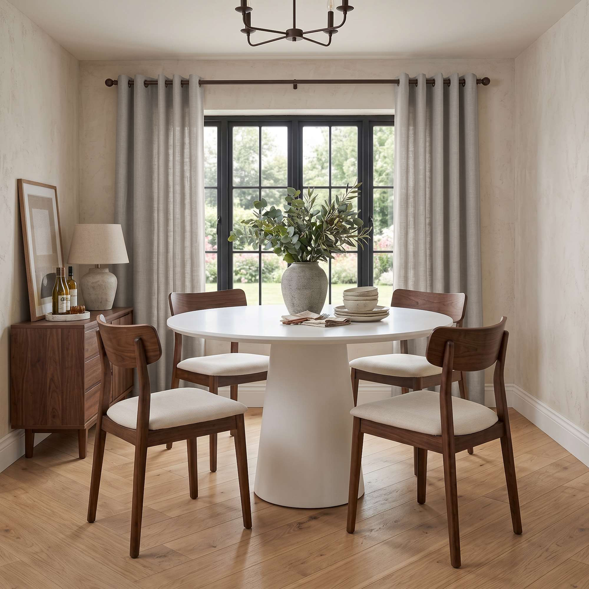 Natural Linen Grommet Curtains in a Dining Room with Light Beige Walls, a Round White Table and Mid-Century Wood Chairs - Cotton Lining