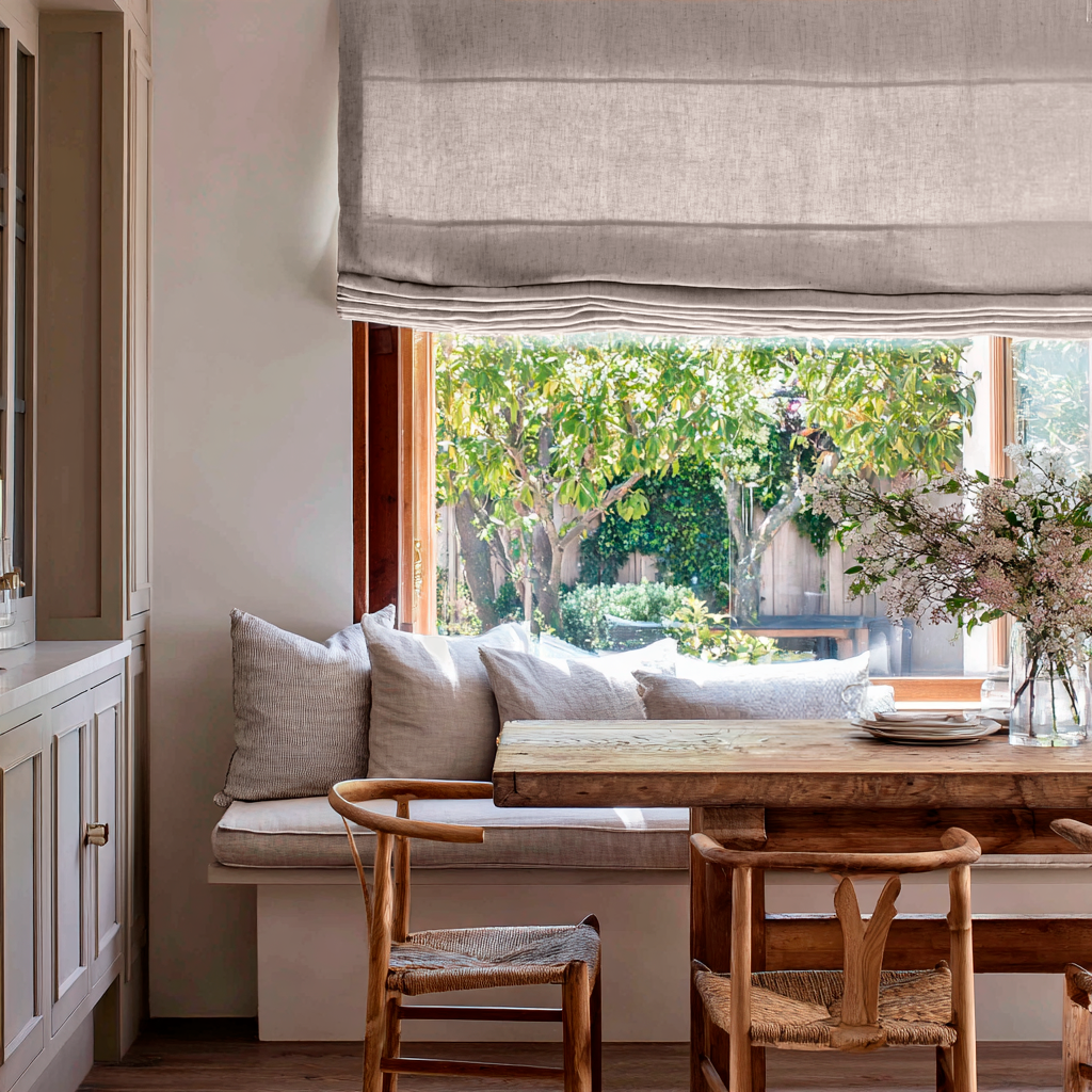 Natural Linen Roman Shades in a Sunlit Breakfast Nook Kitchen with Warm Wood Dining Furniture - Cotton Lining