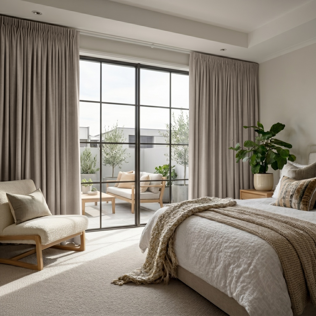 Natural Linen Pencil Pleat Curtains in a Contemporary Bedroom with Warm Neutral Tones - Blackout Lining
