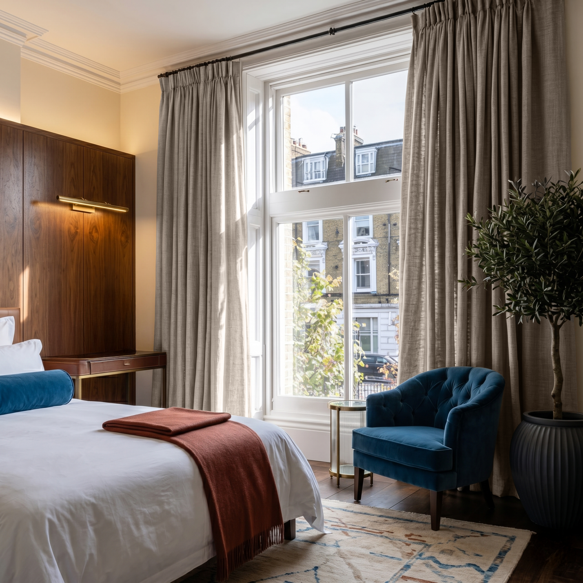 Natural Linen Pencil Pleat Curtains in a Classic Bedroom with Rich Wood Details - Cotton Lining