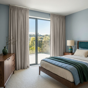 Natural Linen Pencil Pleat Curtains for Sliding Doors in a Bedroom with Light Blue Walls - Cotton Lining
@Heading: Pencil Pleat