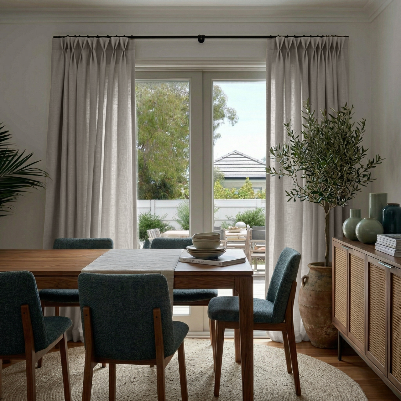 Natural Linen Pinch Pleat Curtains for Sliding Doors in a Dining Room with Off-White Walls