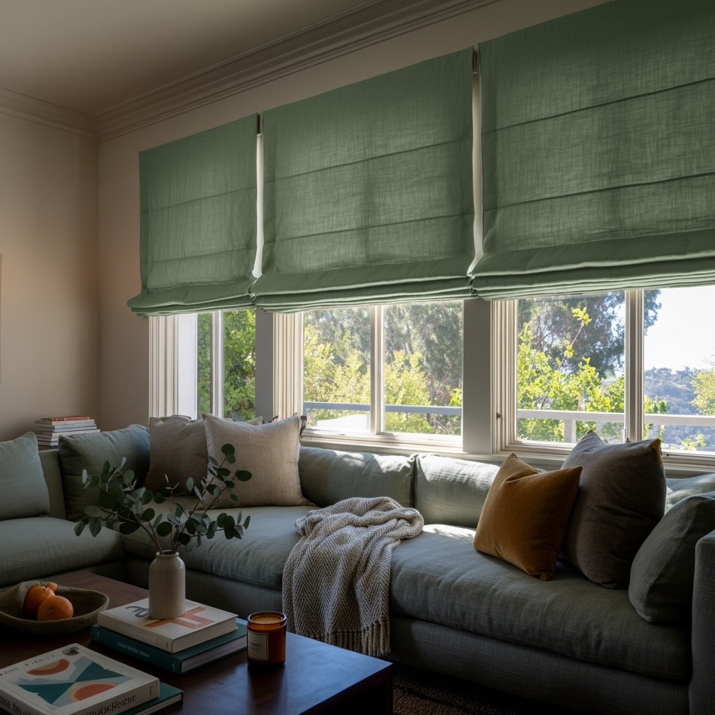 Asparagus Green Linen Roman Shades - Cotton Lining