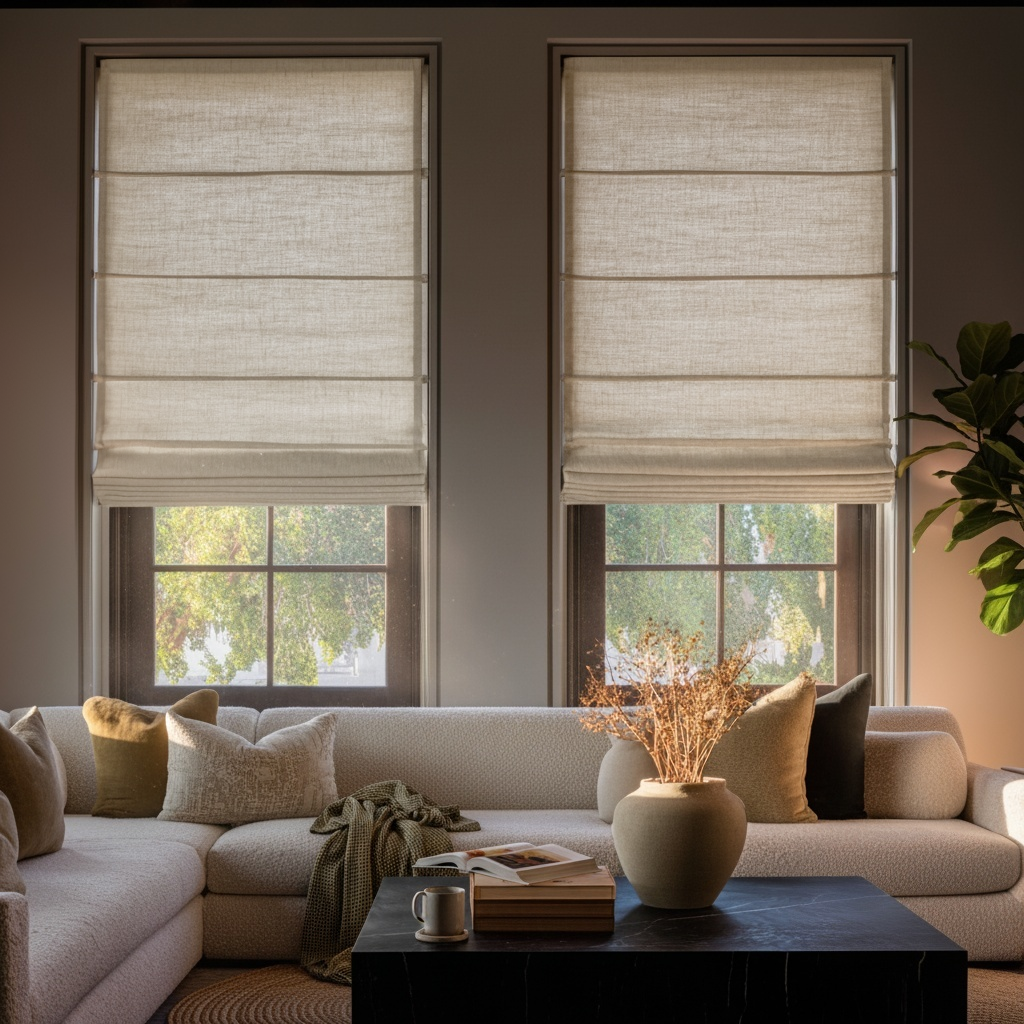 Cream Linen Roman Shades - Cotton Lining