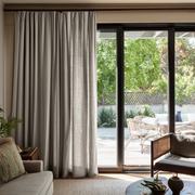 Natural Linen S-Fold Curtains for Sliding Doors in a Living Room with Warm Beige Walls - Cotton Lining
@Heading: S-Fold