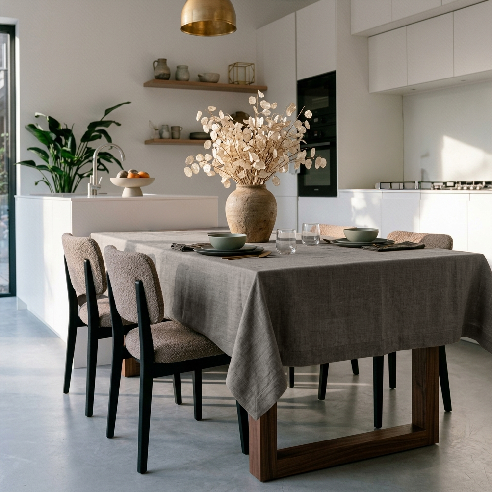 Natural Rectangular Heavy Weight Linen Tablecloth in a Modern Minimalist Kitchen with White Cabinetry and Bouclé Dining Chairs