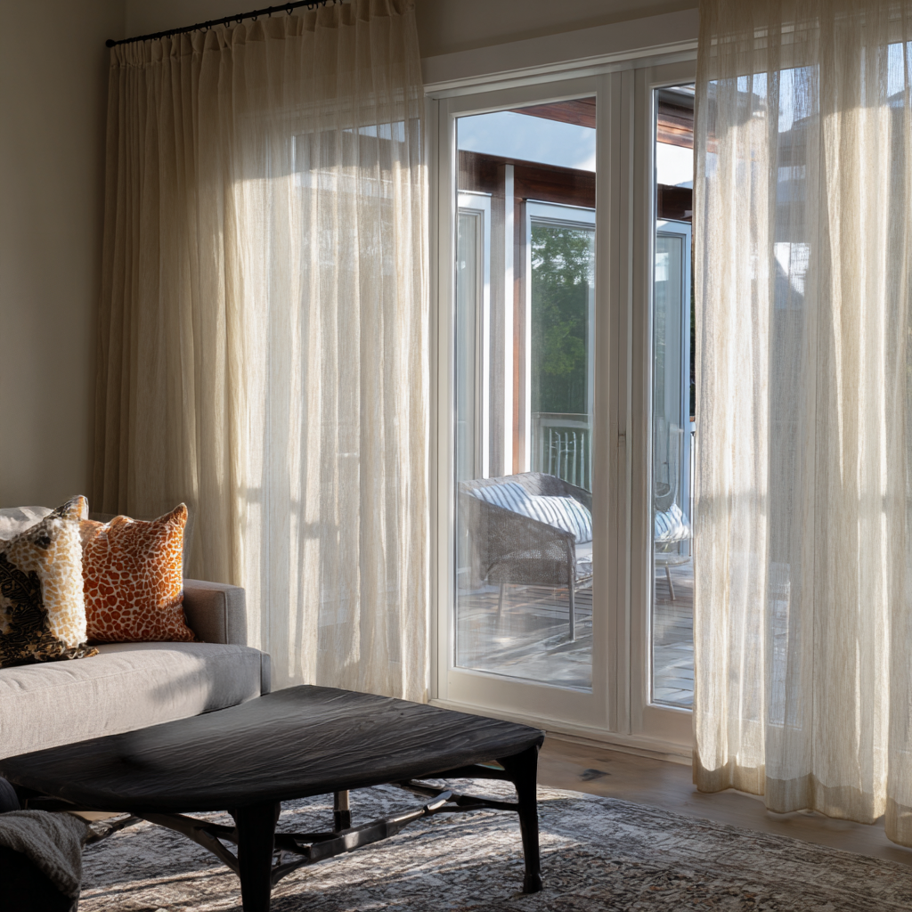 Natural Sheer Linen S-Fold Curtains for Sliding Doors in a Living Room with Beige Walls