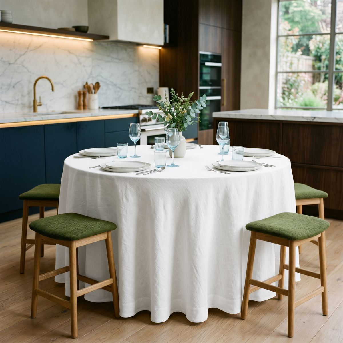 Off-White Heavy Weight Linen 132 Inch Round Tablecloth in a Modern Kitchen Dining Space with Marble Countertops and Walnut Wood