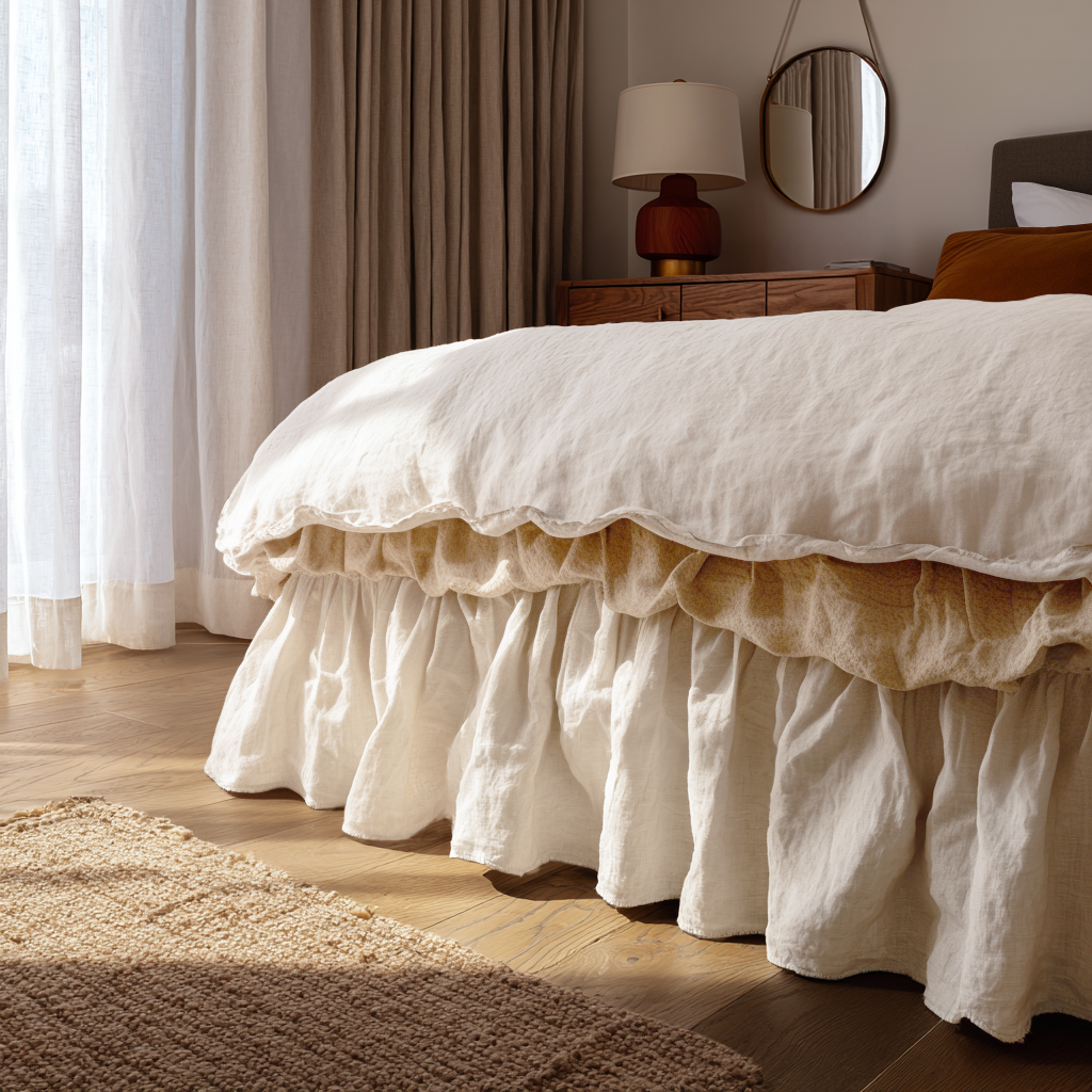 Off-White Heavy Weight Linen Bed Skirt with Gathered Ruffles