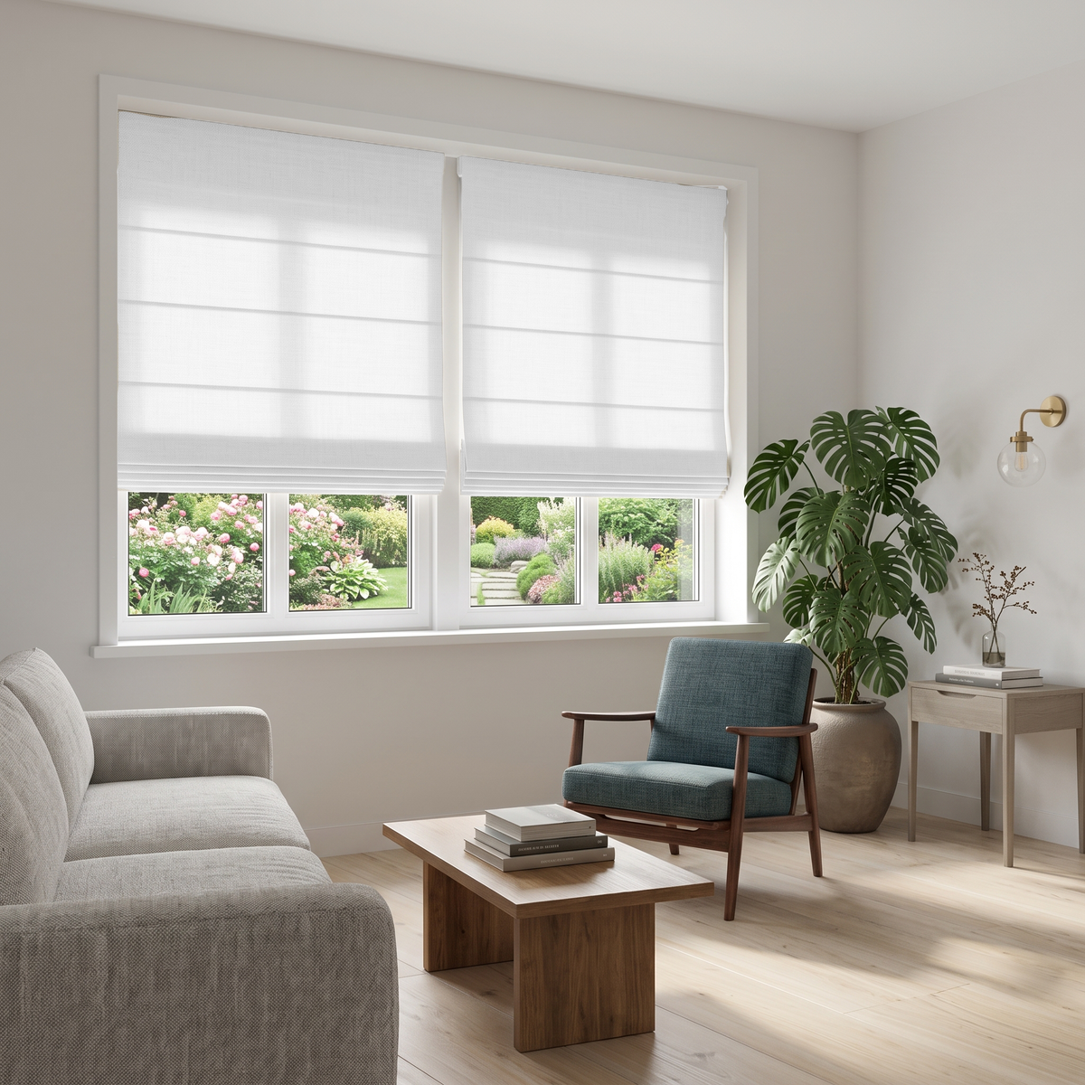 Heavy Off-White Roman Shades in a Contemporary Living Room with Off-White Walls and a Grey Sofa