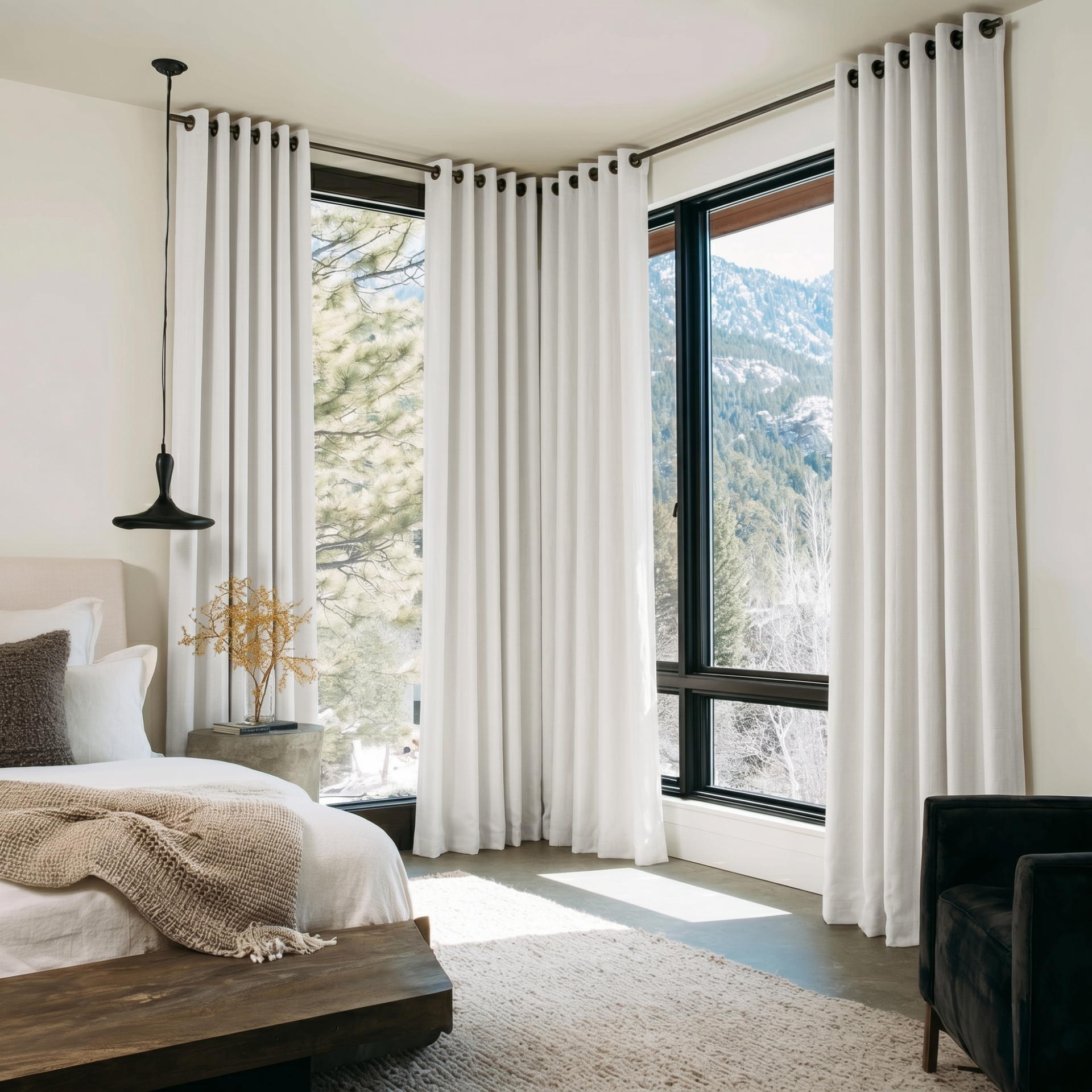 Off-White Heavy Weight Linen Grommet Curtains in a Bright Modern Bedroom With White and Beige Bedding and Black Accents - Blackout Lining