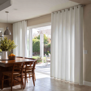 Off-White Heavy Weight Linen Grommet Curtains for Sliding Doors in a Dining Room with Beige Walls - Cotton Lining
@Heading: Grommets