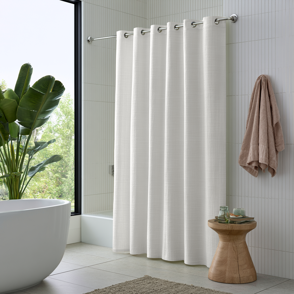 Off-White Heavy Weight Linen Hookless Weighted Shower Curtain in an Elegant Bathroom with Natural Wood and Greenery