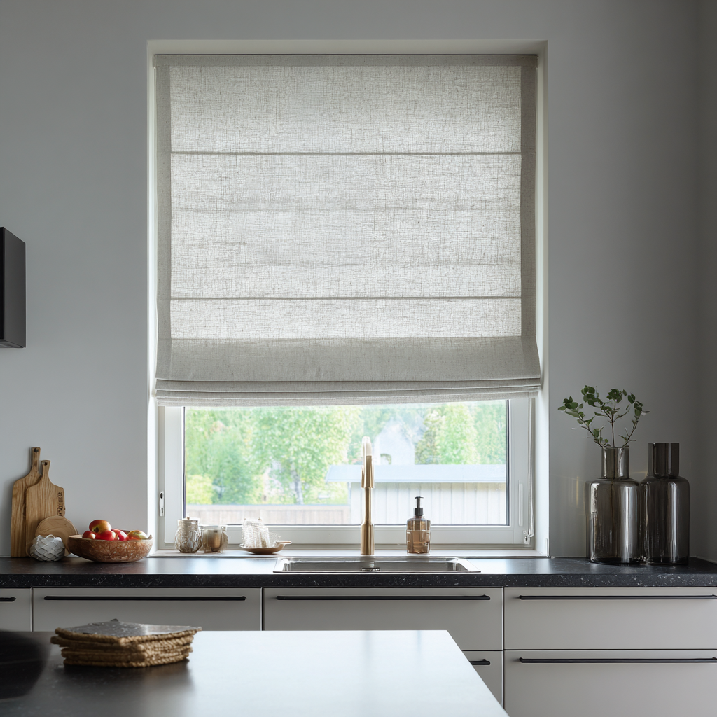 Off-White Heavy Weight Linen Roman Shades in a Minimal Modern Kitchen with White Cabinetry - Cotton Lining