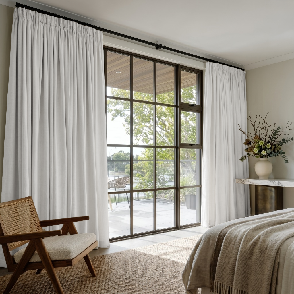 Off-White Heavy Weight Linen Pencil Pleat Curtains in a Calm Contemporary Space with Textured Neutrals - Cotton Lining