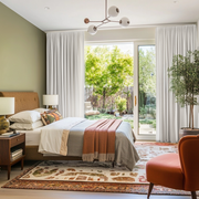 Off-White Heavy Weight Linen Pencil Pleat Curtains for Sliding Doors in a Bedroom with Sage Green Walls
@Heading: Pencil Pleat