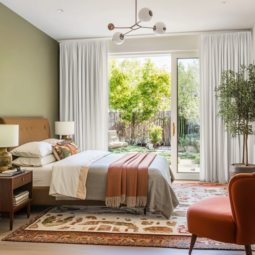 Off-White Heavy Weight Linen Pencil Pleat Curtains for Sliding Doors in a Bedroom with Sage Green Walls
@Heading: Pencil Pleat
