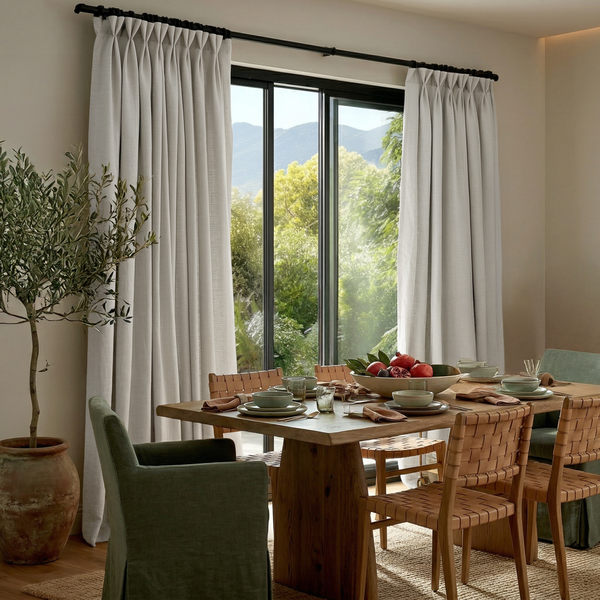 Off-White Heavy Weight Linen Pinch Pleat Curtains for Sliding Doors in a Dining Room with Beige Walls
@Heading: Pinch Pleat