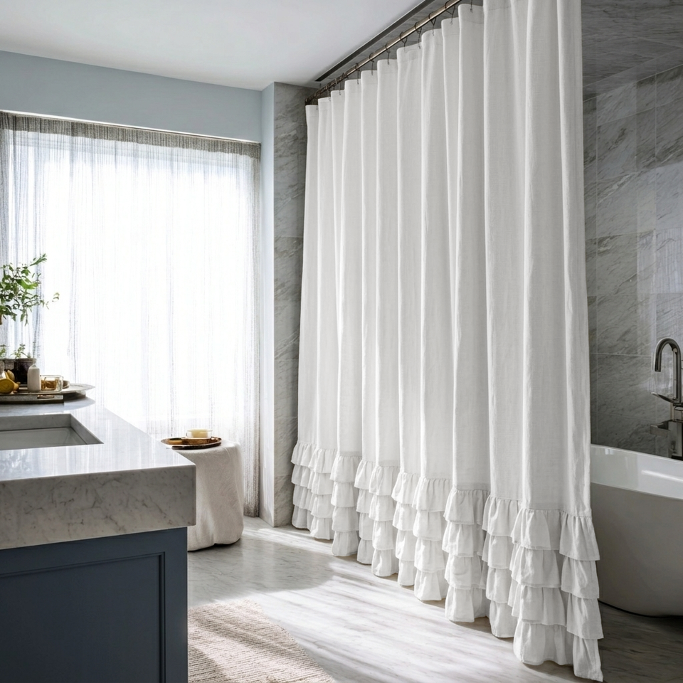 Linen Ruffle Shower Curtains - Farmhouse Boho Style Shower Curtains