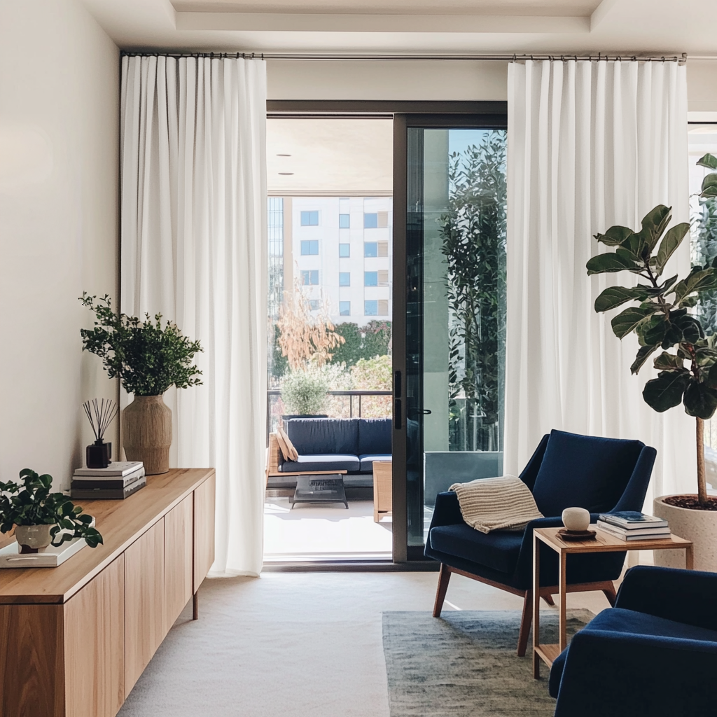 Off-White Heavy Weight Linen S-Fold Curtains for Sliding Doors in a Living Room with White Walls - Cotton Lining
@Heading: S-Fold