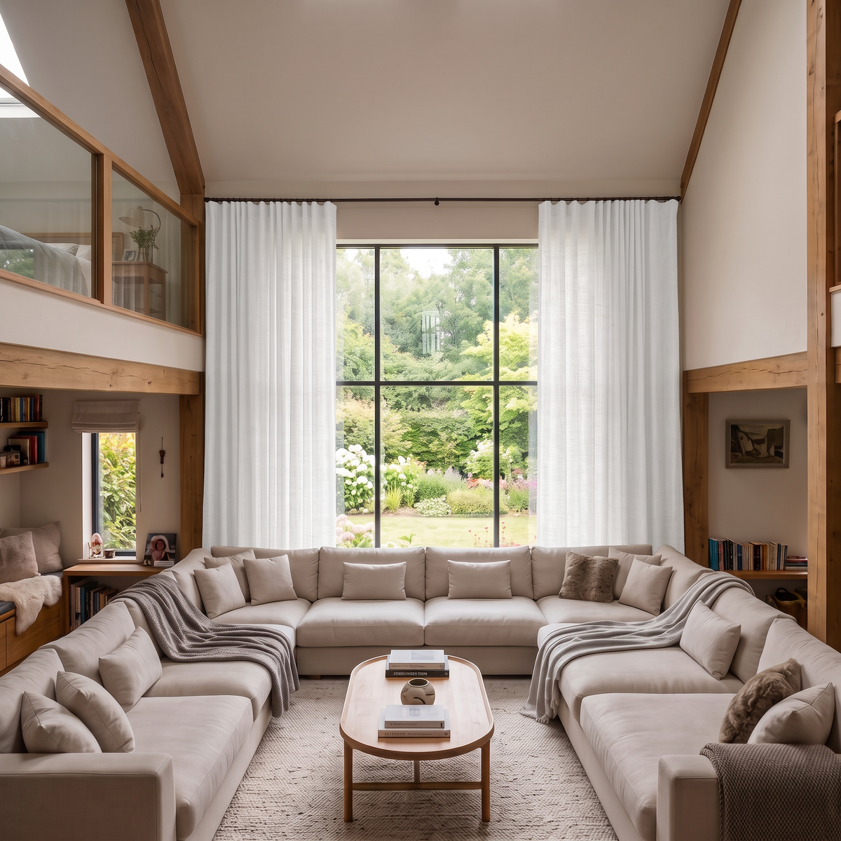 Off-White Heavy Weight Linen S-Fold Extra Long Curtains in a Contemporary Double-Height Living Room with Large Garden Windows and Neutral Seating