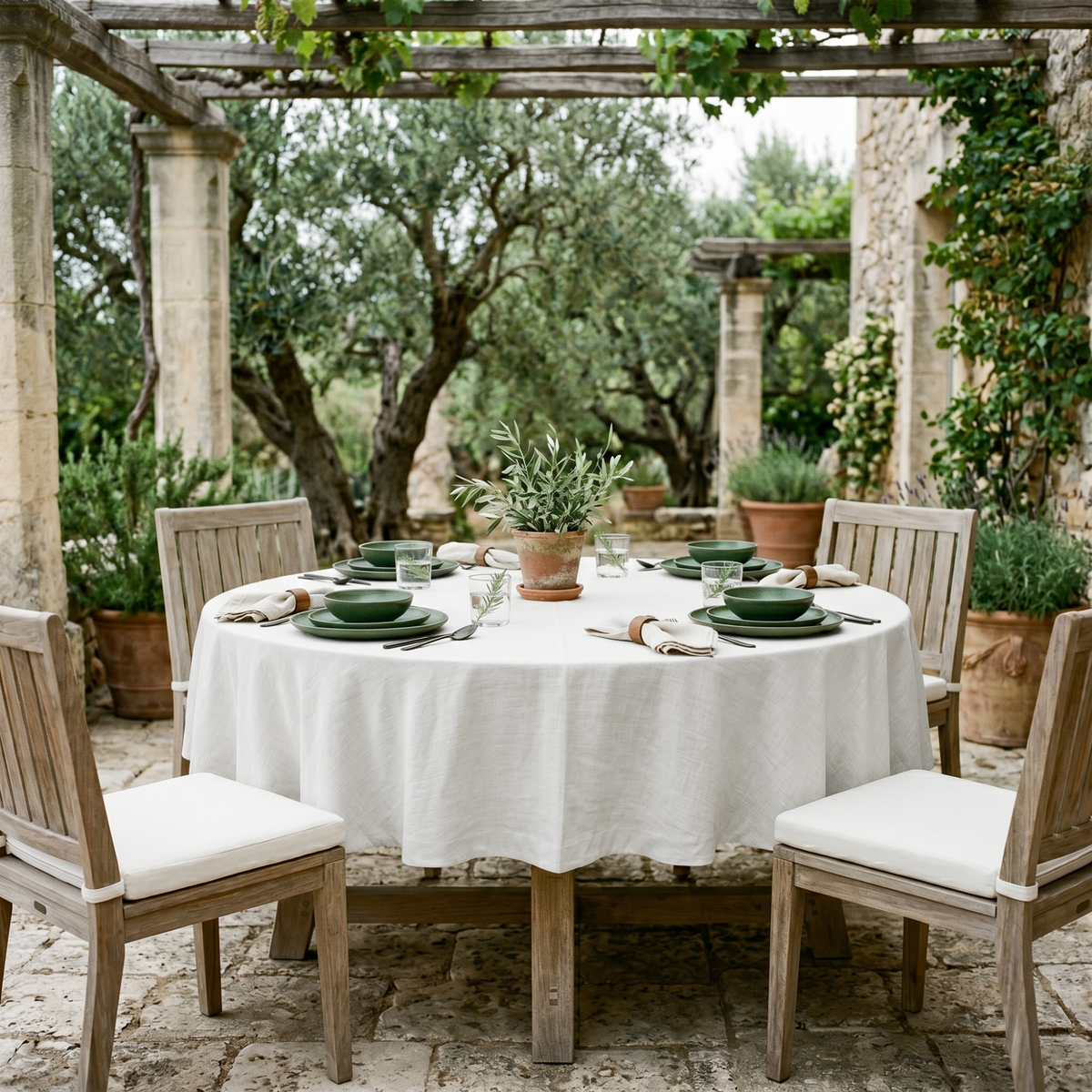 Off-White Linen 90 Inch Round Tablecloth in a Rustic Patio Dining Space with Stone Columns and Natural Wood