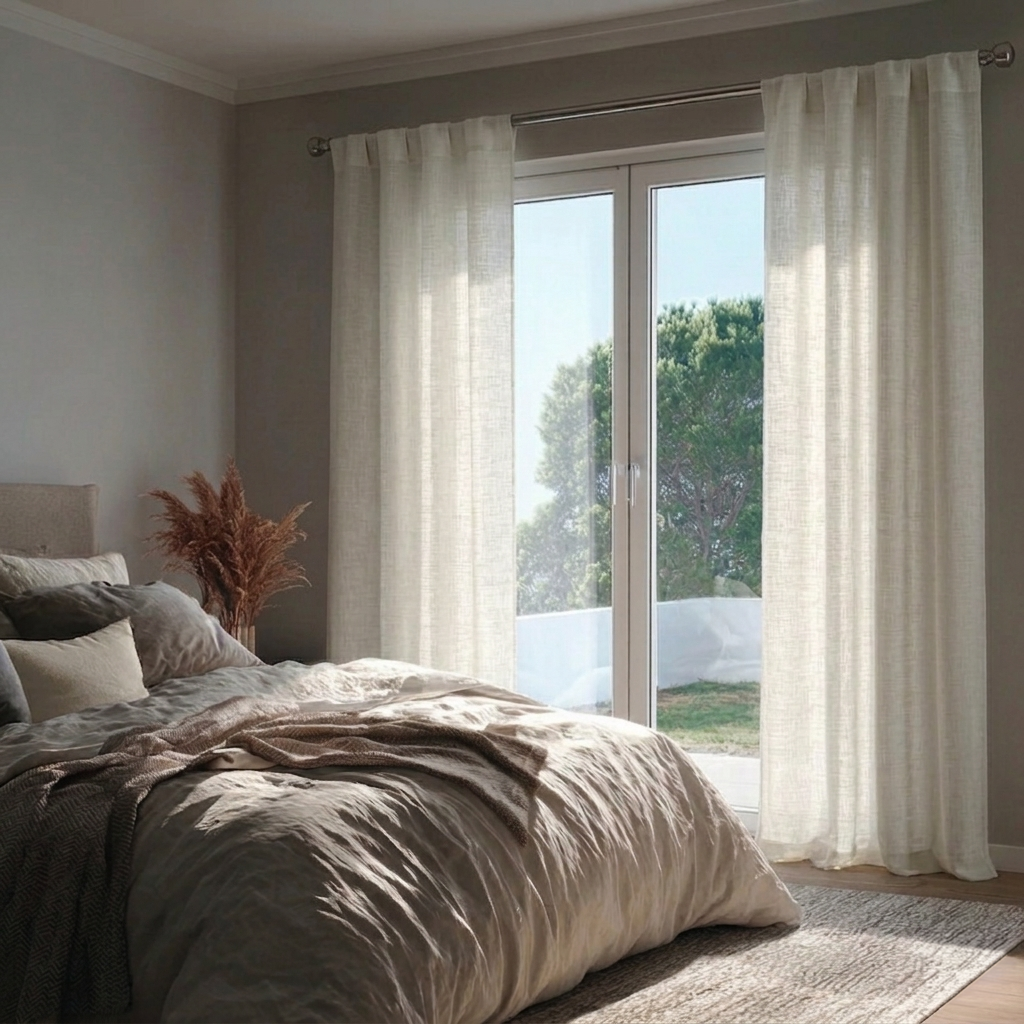 Off-White Linen Back Tab Curtains for Sliding Doors in a Bedroom with Light Grey Walls
@Heading: Back Tabs
