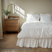 Off-White Linen Bed Skirt with Gathered Ruffles