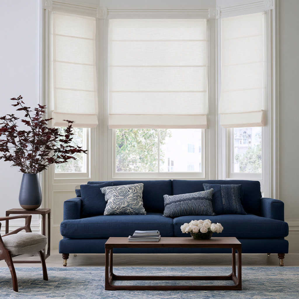 Off-White Roman Shades in a Living Room with White Walls and a Blue Sofa and Wooden Coffee Table